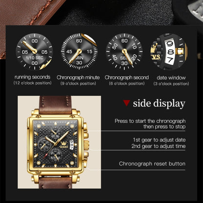 OLEVS 9925 Men Square Dial Multifunctional Waterproof Quartz Watch(Black + Gold) - Leather Strap Watches by OLEVS | Online Shopping UK | buy2fix