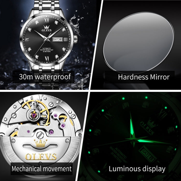 OLEVS 9946 Men Diamond Roman Scale Waterproof Quartz Watch(Black + Silver) - Metal Strap Watches by OLEVS | Online Shopping UK | buy2fix