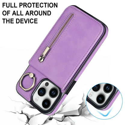 For iPhone 15 Pro Max Retro Ring and Zipper RFID Card Slot Phone Case(Purple) - iPhone 15 Pro Max Cases by buy2fix | Online Shopping UK | buy2fix