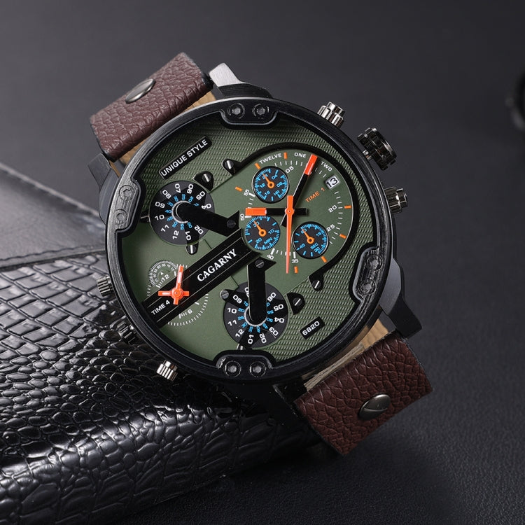 CAGARNY 6820 Men Dual Movement Green Face Leather Strap Quartz Watch(Brown) - Leather Strap Watches by CAGARNY | Online Shopping UK | buy2fix