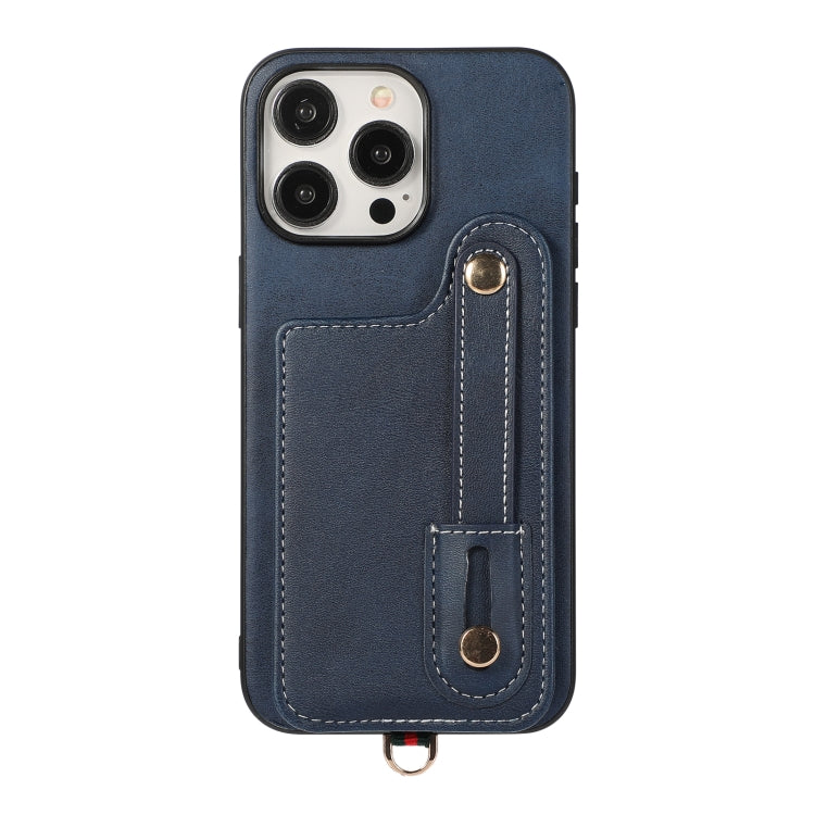For iPhone 15 Pro Max 03 RFID Card Bag Cowhide Texture PU Phone Case(Blue) - iPhone 15 Pro Max Cases by buy2fix | Online Shopping UK | buy2fix