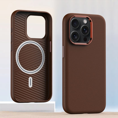 For iPhone 15 Pro Metal Lens Frame Leather Magsafe Full Coverage Shockproof Phone Case(Brown) - iPhone 15 Pro Cases by buy2fix | Online Shopping UK | buy2fix