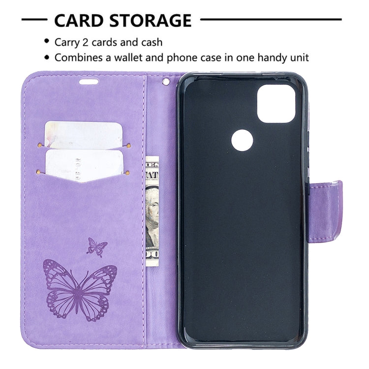 For Xiaomi Redmi 9C Two Butterflies Embossing Pattern Horizontal Flip Leather Case with Holder & Card Slot & Wallet & Lanyard(Purple) - Xiaomi Cases by buy2fix | Online Shopping UK | buy2fix