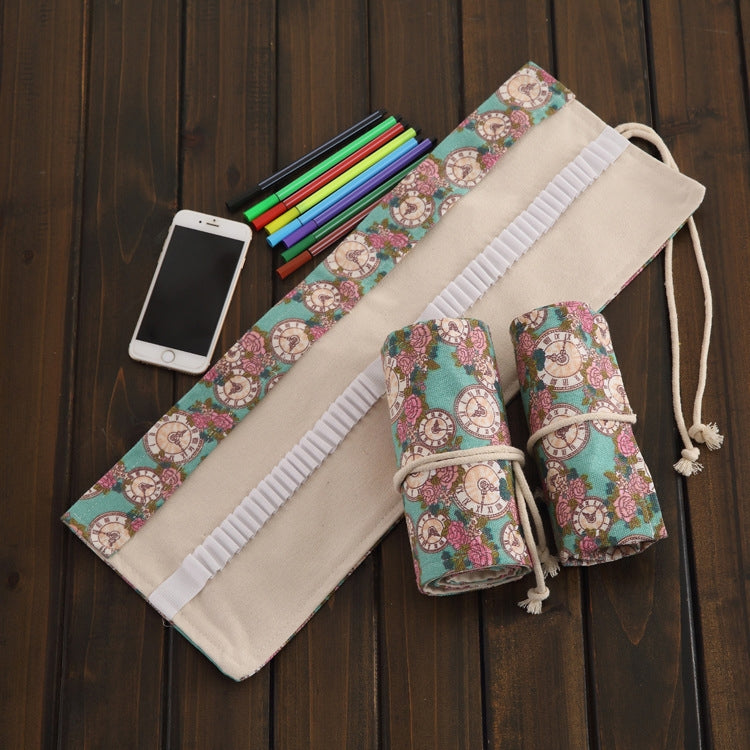 36 Slots Rose Clock Print Pen Bag Canvas Pencil Wrap Curtain Roll Up Pencil Case Stationery Pouch - Home & Garden by buy2fix | Online Shopping UK | buy2fix