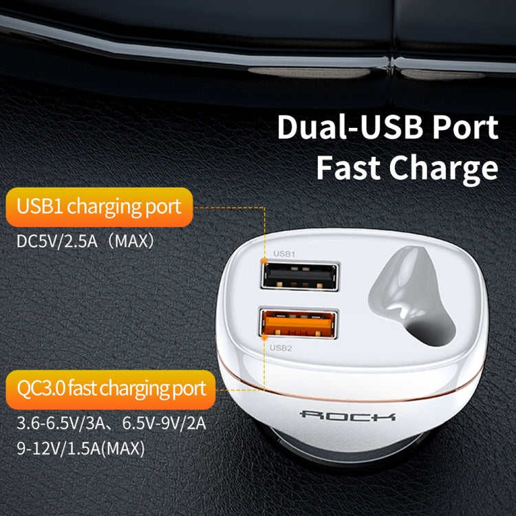 ROCK B401 2 in 1 3A USB Port Car Charger & V5.0 Bluetooth Right Ear Headset, Dual USB Interface, Support Hands-free Call(White) - Bluetooth Earphone by ROCK | Online Shopping UK | buy2fix