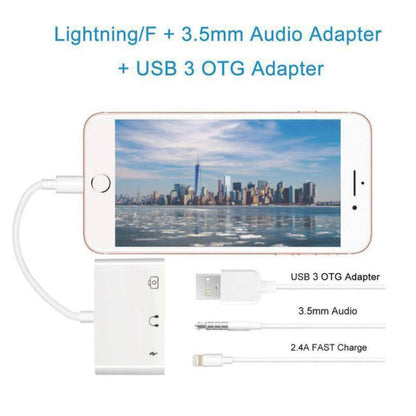 3 in 1 Multi-function 8 Pin + 3.5mm + USB 3.0 OTG to 8 Pin Male Fast Charging & Music Audio & Card Reading Adapter (White) - Converter & Adapter by buy2fix | Online Shopping UK | buy2fix