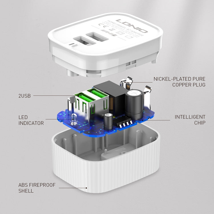 LDNIO A201 2.4A Dual USB Charging Head Travel Direct Charge Mobile Phone Adapter Charger With 8 Pin Data Cable (US Plug) - USB Charger by LDNIO | Online Shopping UK | buy2fix