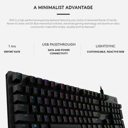 Logitech G512 RGB C-axis Mechanical Wired Gaming Keyboard, Length: 1.8m (Black) - Wired Keyboard by Logitech | Online Shopping UK | buy2fix