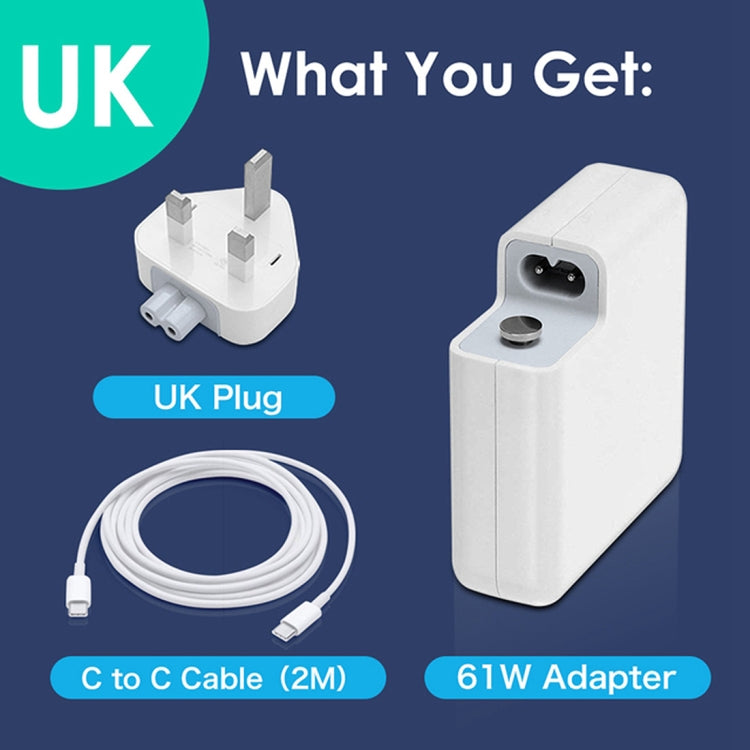 61W USB-C / Type-C Power Adapter with 2m USB Type-C Male to USB Type-C Male Charging Cable, For iPhone, Galaxy, Huawei, Xiaomi, LG, HTC and Other Smart Phones, Rechargeable Devices, UK Plug - Mobile Accessories by buy2fix | Online Shopping UK | buy2fix