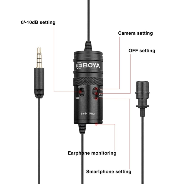 BOYA BY-M1 PRO Universal 3.5mm Plug Omni-directional Lavalier Microphone, Cable Length: 6m (Black) - Consumer Electronics by BOYA | Online Shopping UK | buy2fix