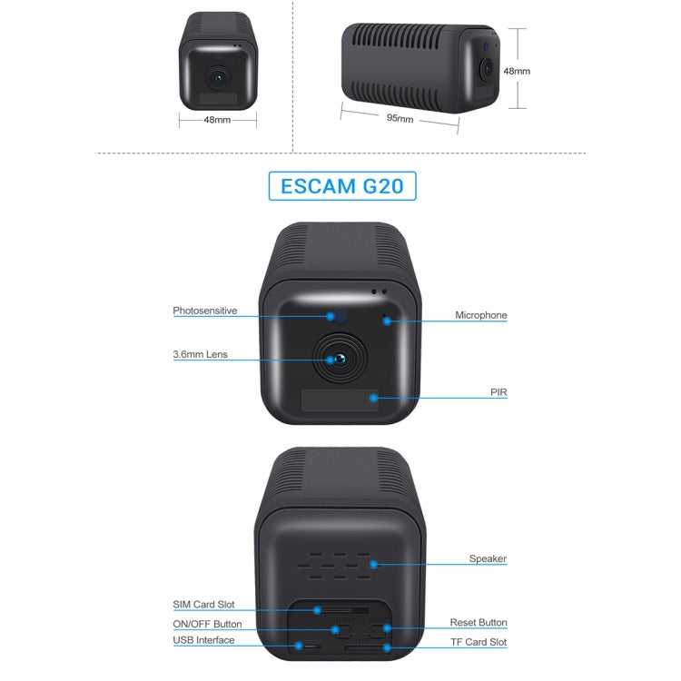 ESCAM G20 4G EU Version 1080P Full HD Rechargeable Battery WiFi IP Camera, Support Night Vision / PIR Motion Detection / TF Card / Two Way Audio(Black) - Security by ESCAM | Online Shopping UK | buy2fix