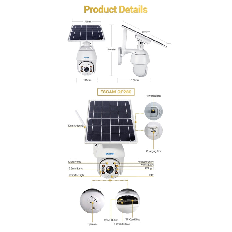 ESCAM QF280 HD 1080P IP66 Waterproof WiFi Solar Panel PT IP Camera without Battery, Support Night Vision / Motion Detection / TF Card / Two Way Audio (White) - Dome Camera by ESCAM | Online Shopping UK | buy2fix