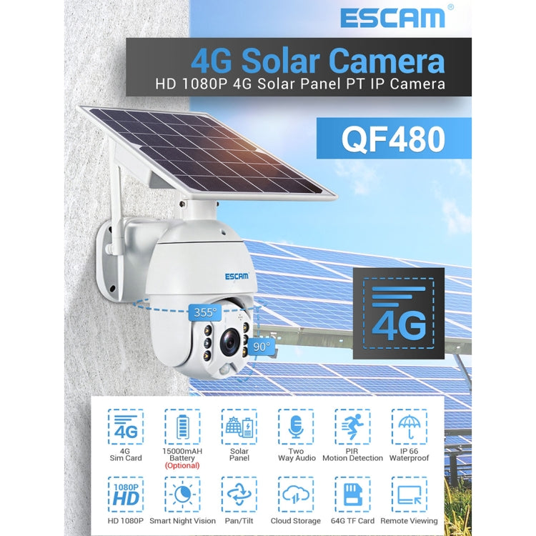 ESCAM QF480 EU Version HD 1080P IP66 Waterproof 4G Solar Panel PT IP Camera without Battery, Support Night Vision / Motion Detection / TF Card / Two Way Audio (White) - Dome Camera by ESCAM | Online Shopping UK | buy2fix