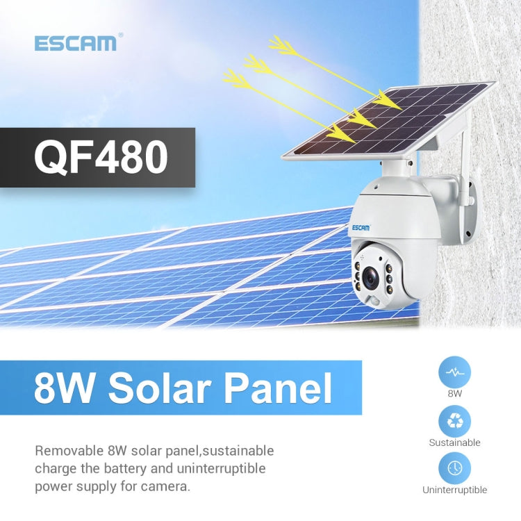 ESCAM QF480 EU Version HD 1080P IP66 Waterproof 4G Solar Panel PT IP Camera without Battery, Support Night Vision / Motion Detection / TF Card / Two Way Audio (White) - Dome Camera by ESCAM | Online Shopping UK | buy2fix