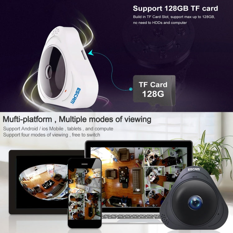 ESCAM Q8 960P 360 Degrees Fisheye Lens 1.3MP WiFi IP Camera, Support Motion Detection / Night Vision, IR Distance: 5-10m, US Plug(White) - Security by ESCAM | Online Shopping UK | buy2fix