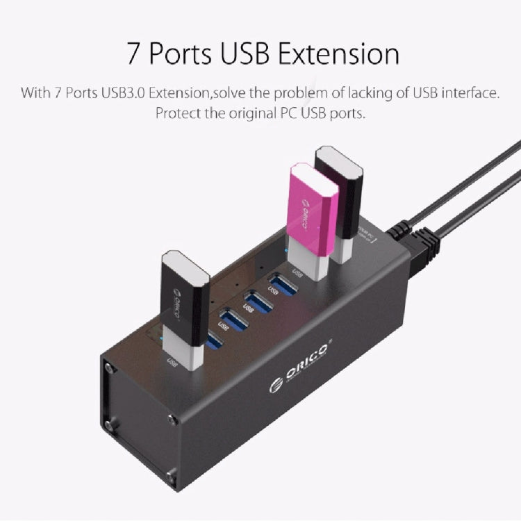 ORICO A3H7 Aluminum High Speed 7 Ports USB 3.0 HUB with 12V/2.5A Power Supply for Laptops(Black) - USB 3.0 HUB by ORICO | Online Shopping UK | buy2fix