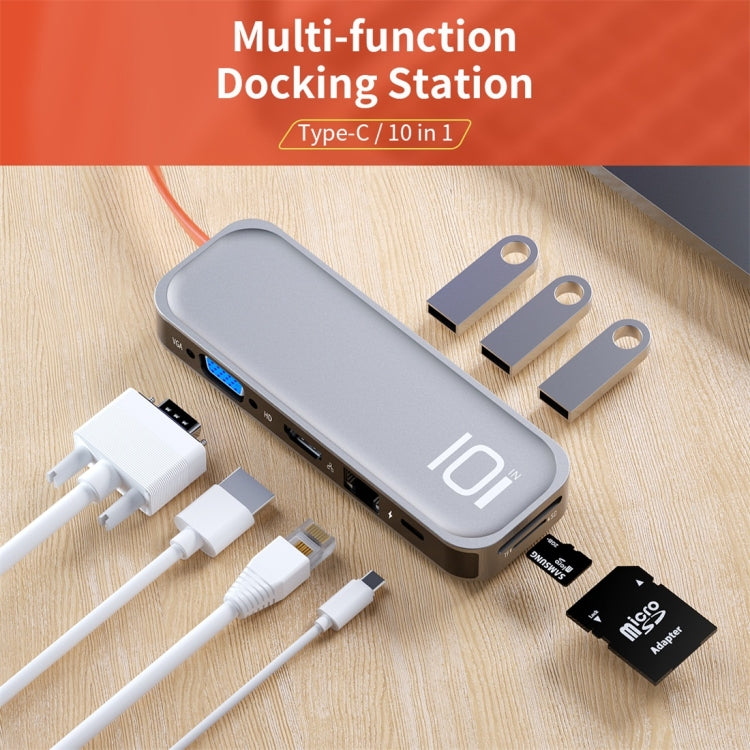 ROCK TR01 10 In 1 Type-C / USB-C to HDMI + VGA Multifunctional Extension HUB Adapter(Silver) - USB HUB by ROCK | Online Shopping UK | buy2fix