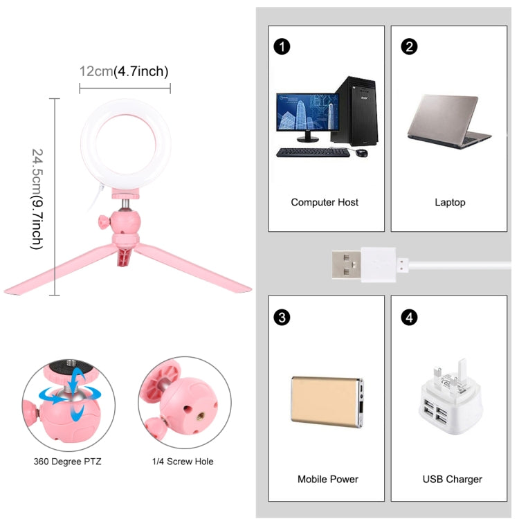 PULUZ 4.7 inch 12cm Light + Desktop Tripod Mount USB 3 Modes Dimmable LED Ring Vlogging Selfie Photography Video Lights with Cold Shoe Tripod Ball Head (Pink) - Ring Light by PULUZ | Online Shopping UK | buy2fix