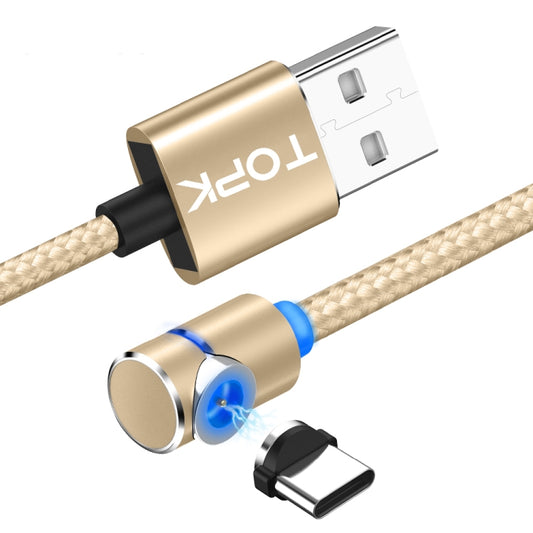 TOPK 2m 2.4A Max USB to USB-C / Type-C 90 Degree Elbow Magnetic Charging Cable with LED Indicator(Gold) - Mobile Accessories by TOPK | Online Shopping UK | buy2fix