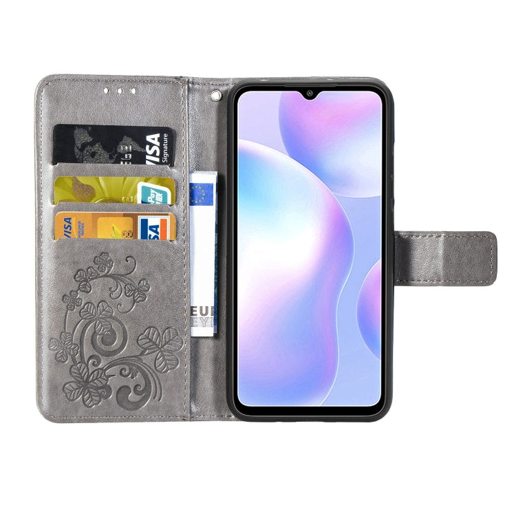 For Xiaomi Redmi 9A Four-leaf Clasp Embossed Buckle Horizontal Flip TPU + PU Leather Case with Lanyard & Card Slot & Wallet & Holder(Gray) - Xiaomi Cases by buy2fix | Online Shopping UK | buy2fix