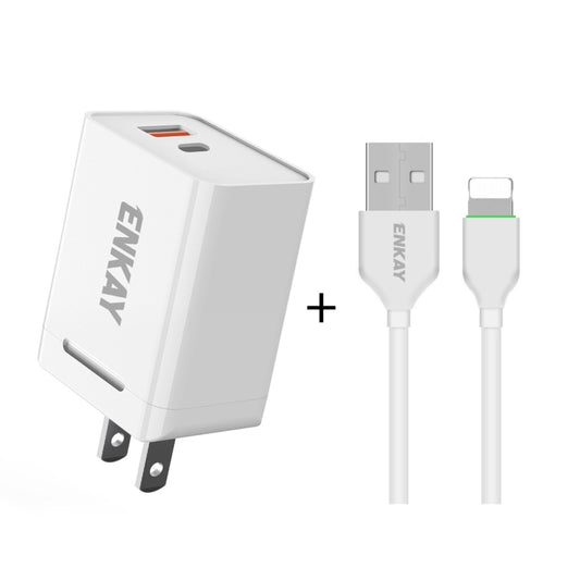 ENKAY Hat-Prince U033 18W 3A PD + QC3.0 Dual USB Fast Charging Power Adapter US Plug Portable Travel Charger With 1m 3A 8 Pin Cable - USB Charger by ENKAY | Online Shopping UK | buy2fix