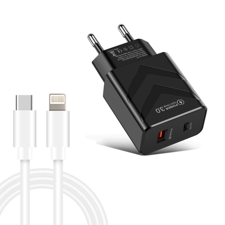 LZ-715 20W PD + QC 3.0 Dual Ports Fast Charging Travel Charger with USB-C / Type-C to 8 Pin Data Cable, EU Plug(Black) - Apple Accessories by buy2fix | Online Shopping UK | buy2fix