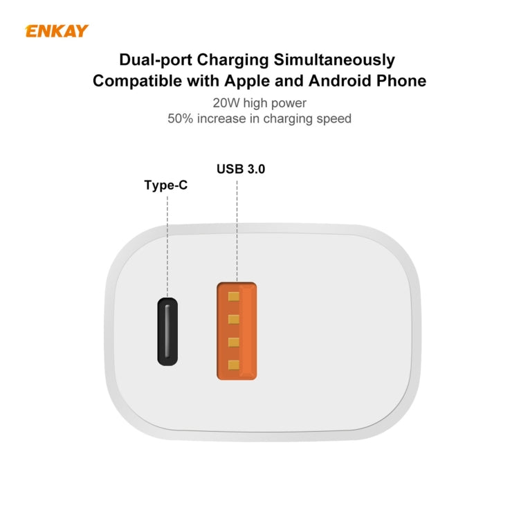 ENKAY Hat-Prince 20W PD Type-C + QC 3.0 USB Fast Charging Travel Charger Power Adapter with Fast Charge Data Cable, US Plug(With Type-C Cable) - Apple Accessories by ENKAY | Online Shopping UK | buy2fix