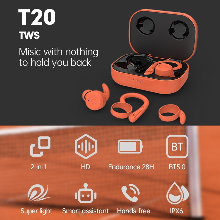 T20 TWS Bluetooth Hooks Wireless Sports Headphones with Charging Box IPX6 Waterproof Noise-cancelling Earphones(Green) - Bluetooth Earphone by buy2fix | Online Shopping UK | buy2fix