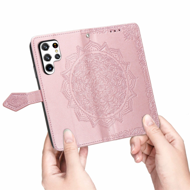 For Samsung Galaxy S22 Ultra 5G Mandala Flower Embossed Horizontal Flip Leather Case with Holder & Card Slots & Wallet & Lanyard(Rose Gold) - Samsung Accessories by buy2fix | Online Shopping UK | buy2fix