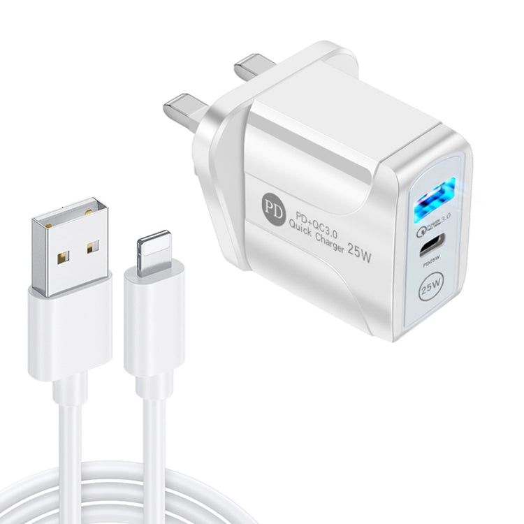 PD25W USB-C / Type-C + QC3.0 USB Dual Ports Fast Charger with USB to 8 Pin Data Cable, UK Plug(White) - Apple Accessories by buy2fix | Online Shopping UK | buy2fix