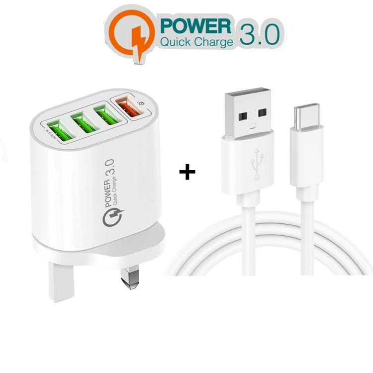 QC-04 QC3.0 + 3 x USB2.0 Multi-ports Charger with 3A USB to Type-C Data Cable, UK Plug(White) - Mobile Accessories by buy2fix | Online Shopping UK | buy2fix