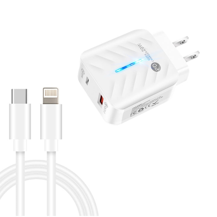 PD03 20W PD3.0 + QC3.0 USB Charger with Type-C to 8 Pin Data Cable, US Plug(White) - Apple Accessories by buy2fix | Online Shopping UK | buy2fix