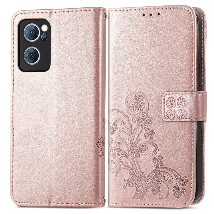 For OPPO Reno7 5G Four-leaf Clasp Embossed Buckle Leather Phone Case(Rose Gold) - OPPO & vivo Accessories by buy2fix | Online Shopping UK | buy2fix