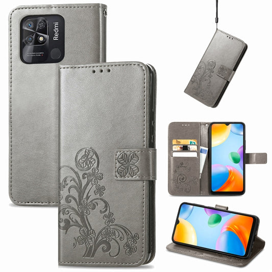 For Xiaomi Redmi 10C Four-leaf Clasp Embossed Buckle Leather Phone Case(Gray) - Xiaomi Accessories by buy2fix | Online Shopping UK | buy2fix