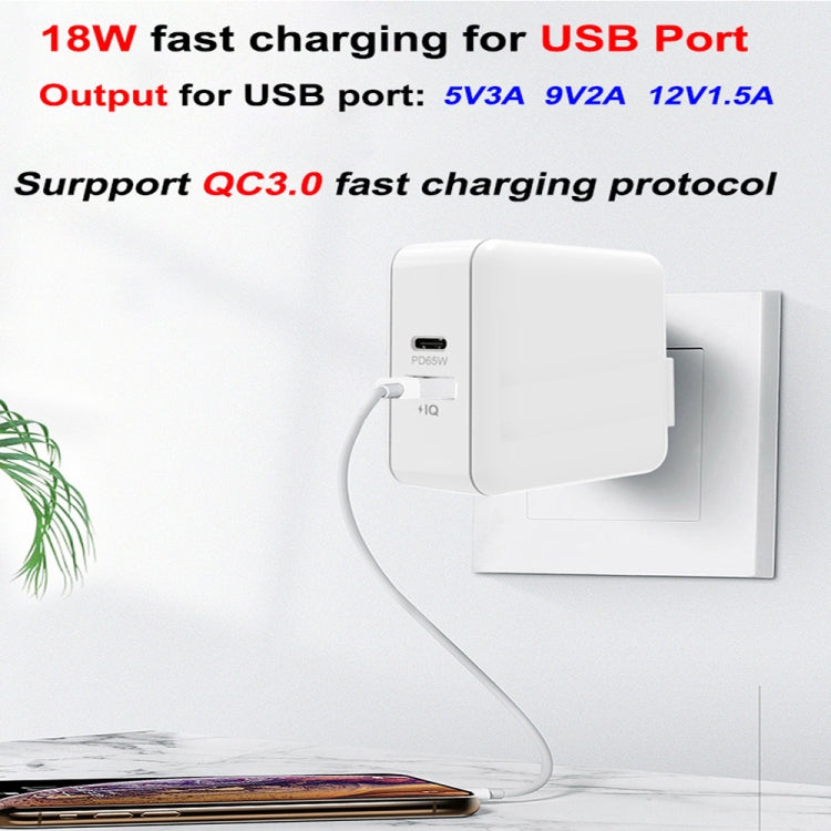 PD-65W USB-C / Type-C + QC3. 0 USB Laptop Charging Adapter, UK Plug / US Plug(White) - Cable & Adapter by buy2fix | Online Shopping UK | buy2fix