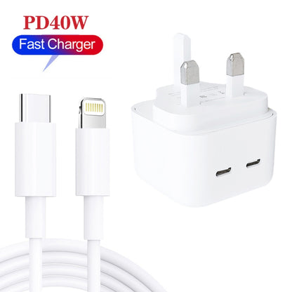 SDC-40W Dual PD USB-C / Type-C Ports Charger with 1.5m Type-C to 8 Pin Data Cable, UK Plug - USB Charger by buy2fix | Online Shopping UK | buy2fix