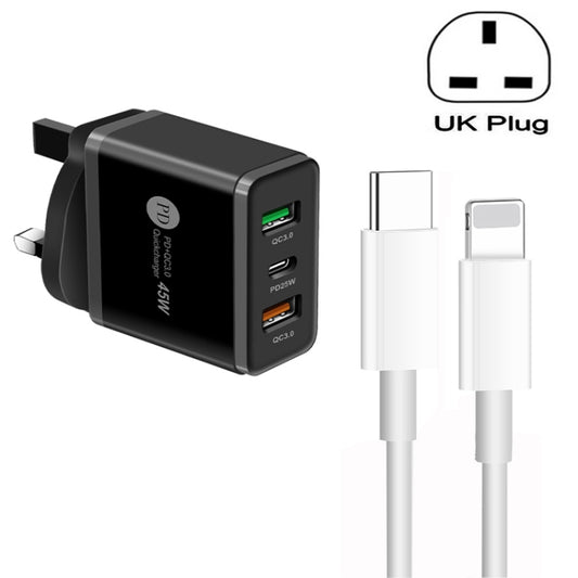 45W PD3.0 + 2 x QC3.0 USB Multi Port Charger with Type-C to 8 Pin Cable, UK Plug(Black) - Apple Accessories by buy2fix | Online Shopping UK | buy2fix