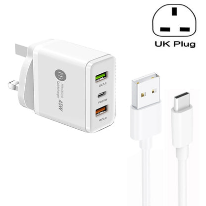 45W PD25W + 2 x QC3.0 USB Multi Port Charger with USB to Type-C Cable, UK Plug(White) - Mobile Accessories by buy2fix | Online Shopping UK | buy2fix