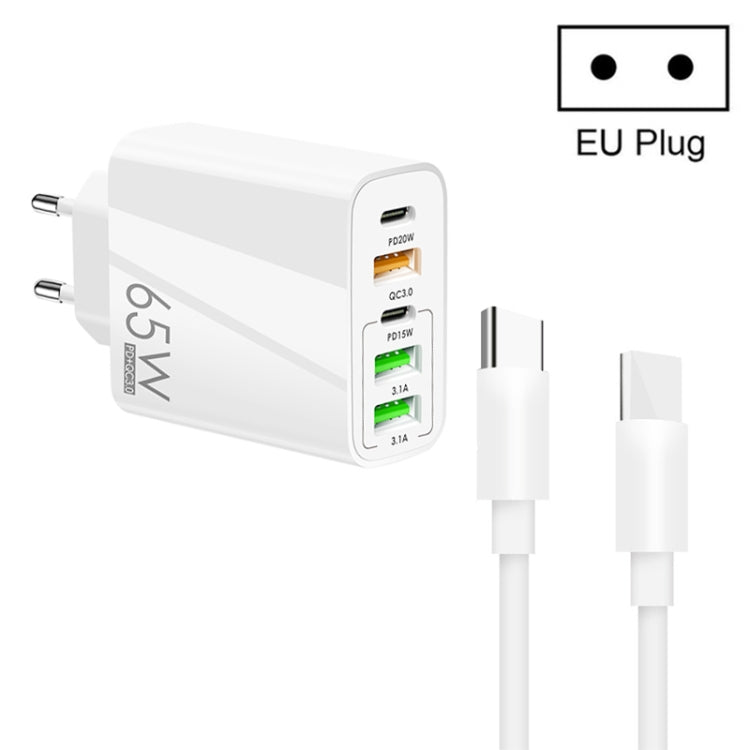 65W Dual PD Type-C + 3 x USB Multi Port Charger with 3A Type-C to Type-C Data Cable, EU Plug(White) - USB Charger by buy2fix | Online Shopping UK | buy2fix