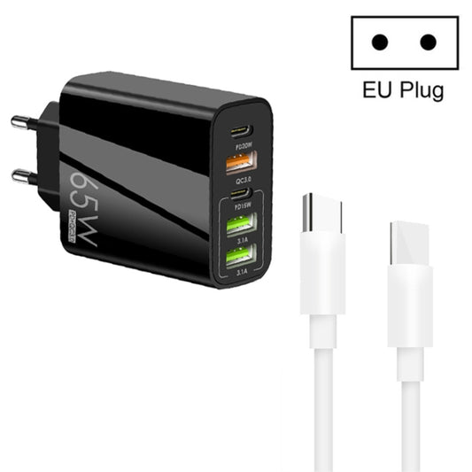 65W Dual PD Type-C + 3 x USB Multi Port Charger with 3A Type-C to Type-C Data Cable, EU Plug(Black) - Mobile Accessories by buy2fix | Online Shopping UK | buy2fix