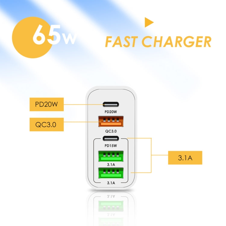 65W Dual PD Type-C + 3 x USB Multi Port Charger with 3A Type-C to Type-C Data Cable, EU Plug(White) - Mobile Accessories by buy2fix | Online Shopping UK | buy2fix