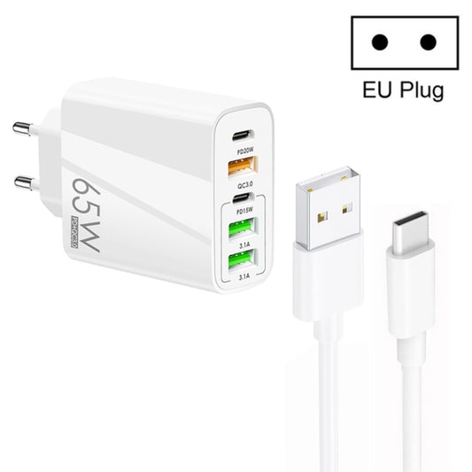 65W Dual PD Type-C + 3 x USB Multi Port Charger with 3A USB to Type-C Data Cable, EU Plug(White) - Mobile Accessories by buy2fix | Online Shopping UK | buy2fix