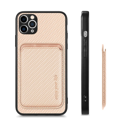 For iPhone 11 Carbon Fiber Leather Card Magsafe Magnetic Phone Case(Khaki) - iPhone 11 Pro Cases by buy2fix | Online Shopping UK | buy2fix