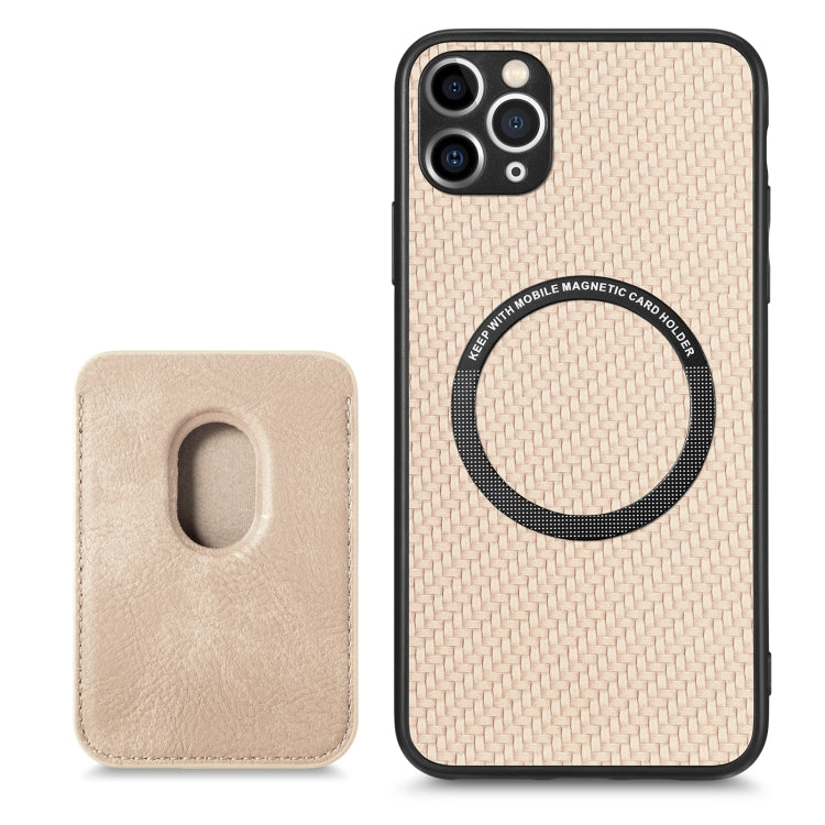 For iPhone 11 Carbon Fiber Leather Card Magsafe Magnetic Phone Case(Khaki) - iPhone 11 Pro Cases by buy2fix | Online Shopping UK | buy2fix