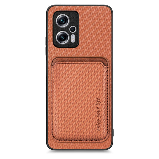 For Redmi Note 11T Pro 5G Carbon Fiber Leather Card Magsafe Phone Case(Brown) - Xiaomi Cases by buy2fix | Online Shopping UK | buy2fix