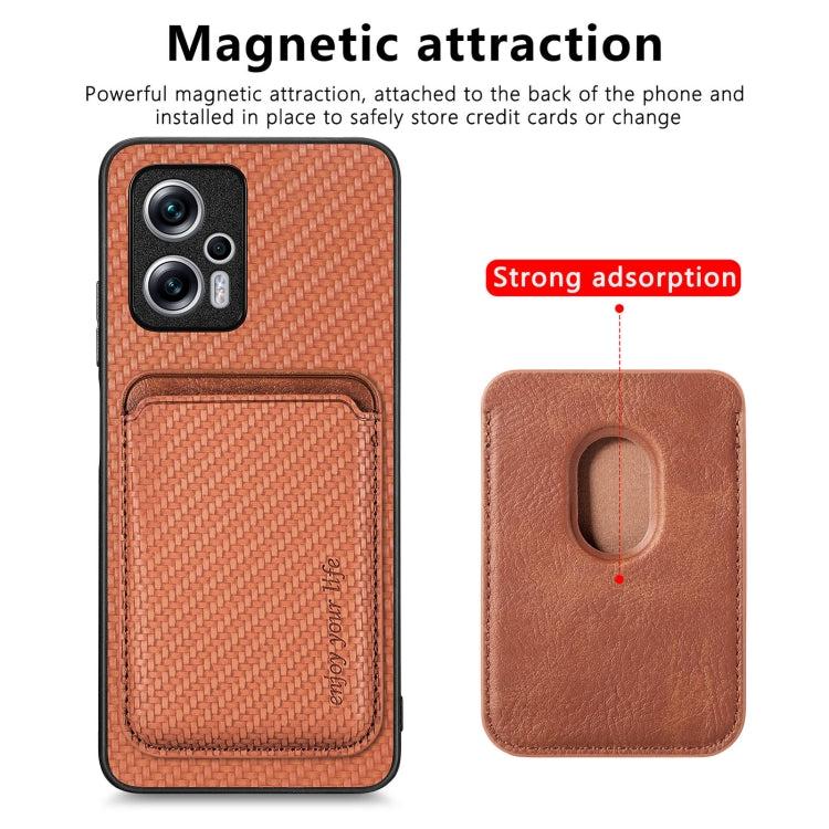 For Redmi Note 11T Pro 5G Carbon Fiber Leather Card Magsafe Phone Case(Brown) - Xiaomi Cases by buy2fix | Online Shopping UK | buy2fix