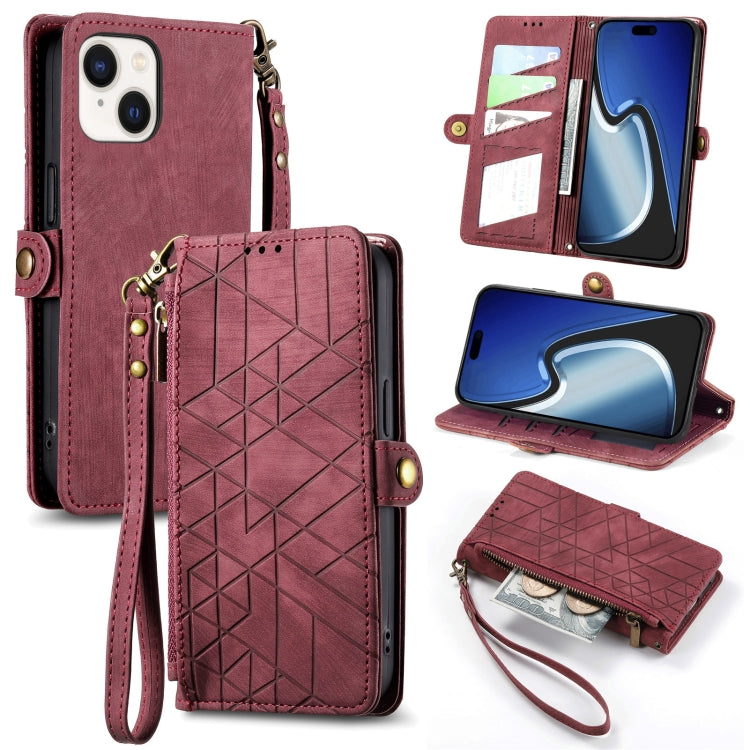 For iPhone 15 Geometric Zipper Wallet Side Buckle Leather Phone Case(Red) - iPhone 15 Cases by buy2fix | Online Shopping UK | buy2fix