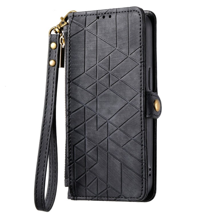 For Google Pixel 7A Geometric Zipper Wallet Side Buckle Leather Phone Case(Black) - Google Cases by buy2fix | Online Shopping UK | buy2fix