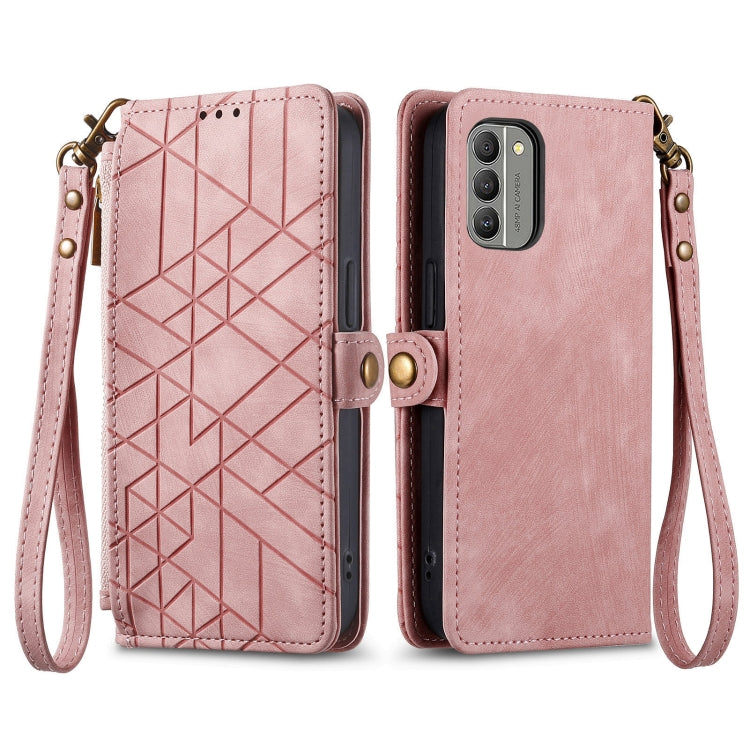 For Nokia G60 5G Geometric Zipper Wallet Side Buckle Leather Phone Case(Pink) - Nokia Cases by buy2fix | Online Shopping UK | buy2fix