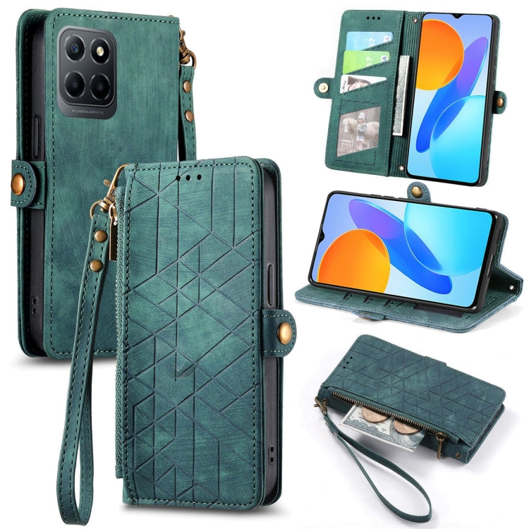 For Honor X8 5G Geometric Zipper Wallet Side Buckle Leather Phone Case(Green) - Honor Cases by buy2fix | Online Shopping UK | buy2fix